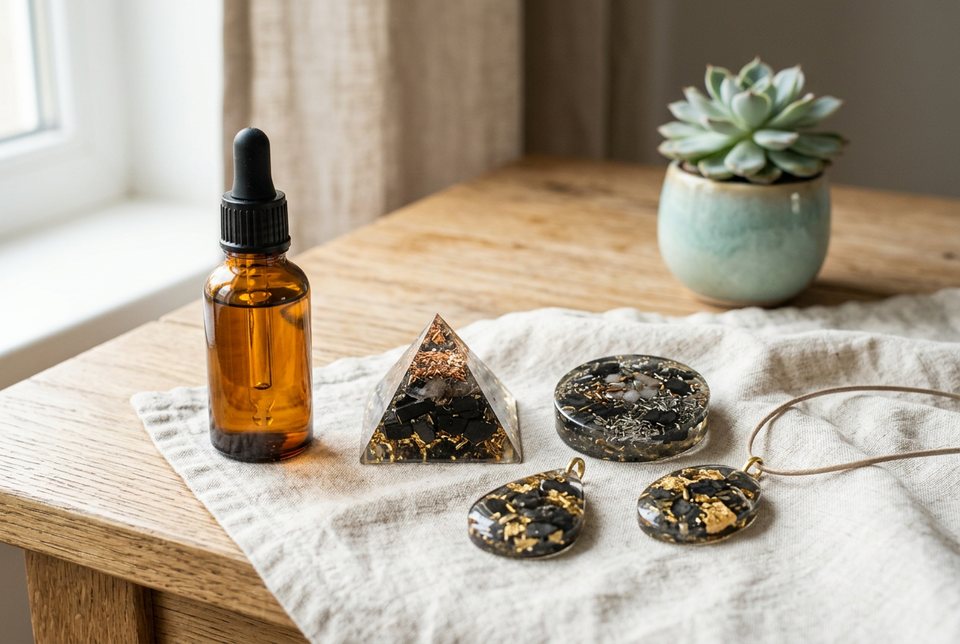 Orgonite pendants, a pyramid and a charge plate next to a MasterPeace bottle