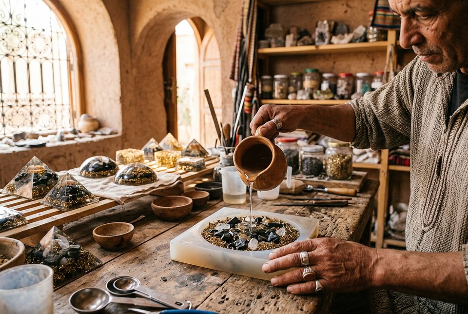 Orgonite pieces being made by hand in a workshop
