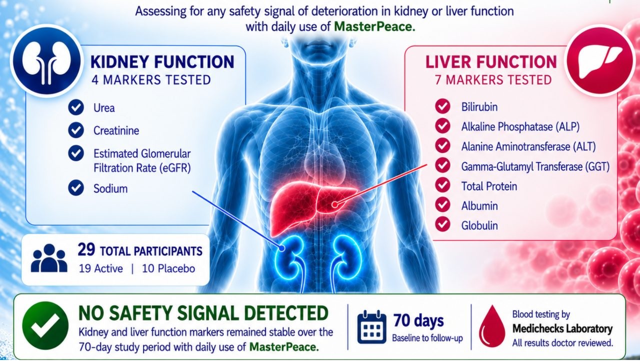 Kidney and liver function safety testing with daily use of MasterPeace