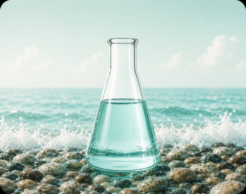 Sea plasma in a glass flask by the ocean