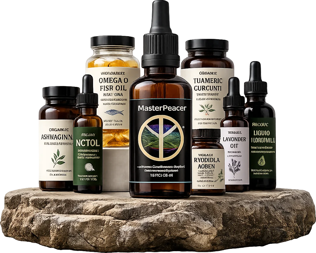 MasterPeace with other supplement bottles on a stone