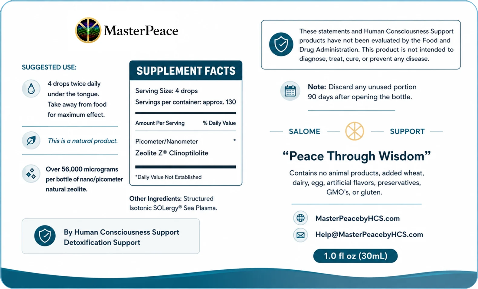 MasterPeace label: suggested use, supplement facts (picometer/nanometer zeolite clinoptilolite, structured isotonic SOLergy sea plasma), FDA statement and contact details