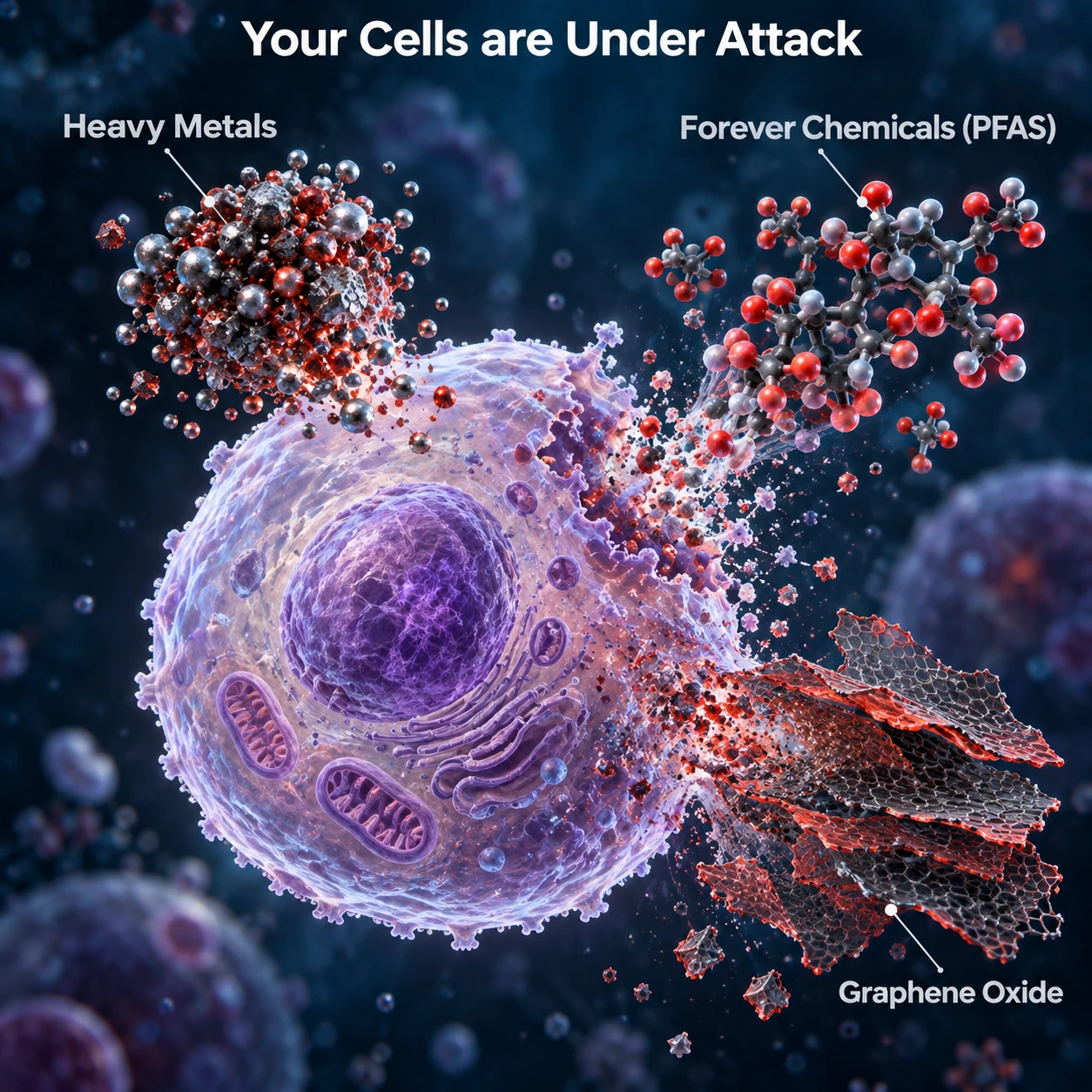 Your cells are under attack: heavy metals, forever chemicals (PFAS) and graphene oxide hitting a cell