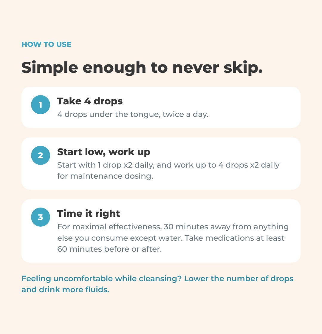 How to use MasterPeace. 1: take 4 drops under the tongue, twice a day. 2: start low, work up: start with 1 drop twice daily and work up to 4 drops twice daily for maintenance dosing. 3: time it right: 30 minutes away from anything else you consume except water; take medications at least 60 minutes before or after. Feeling uncomfortable while cleansing? Lower the number of drops and drink more fluids.