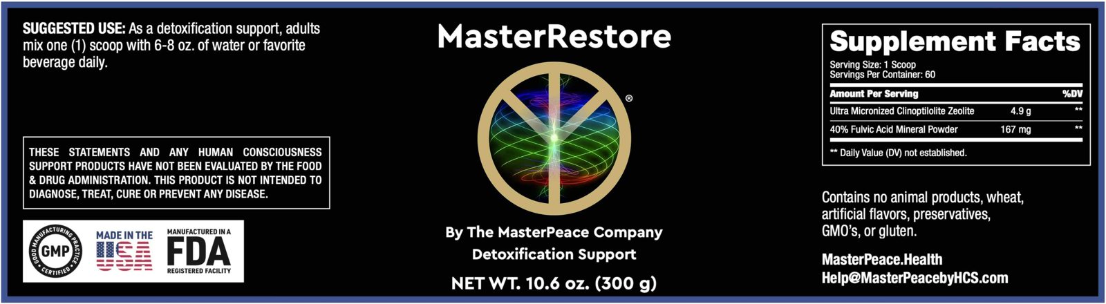 MasterRestore label and supplement facts