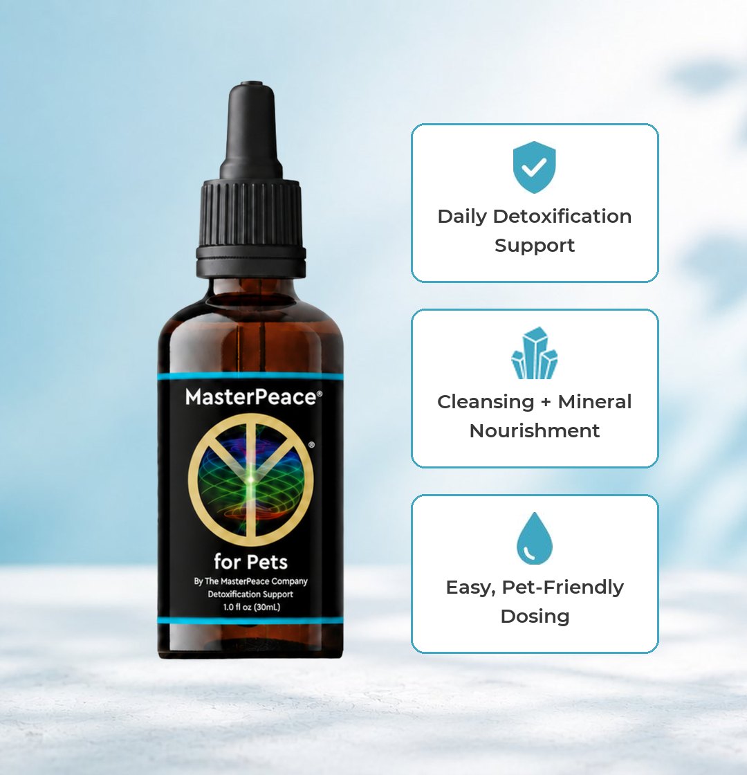 MasterPeace for Pets bottle: daily detoxification support, cleansing + mineral nourishment, easy pet-friendly dosing