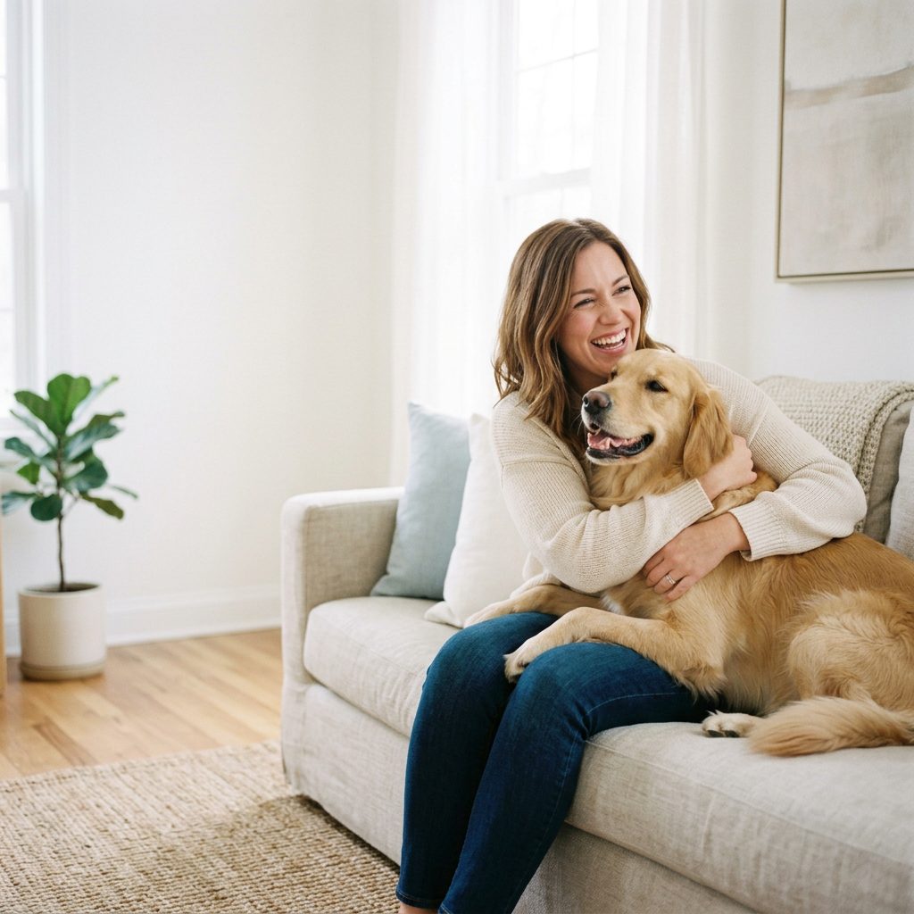 A woman hugging her golden retriever on the sofa