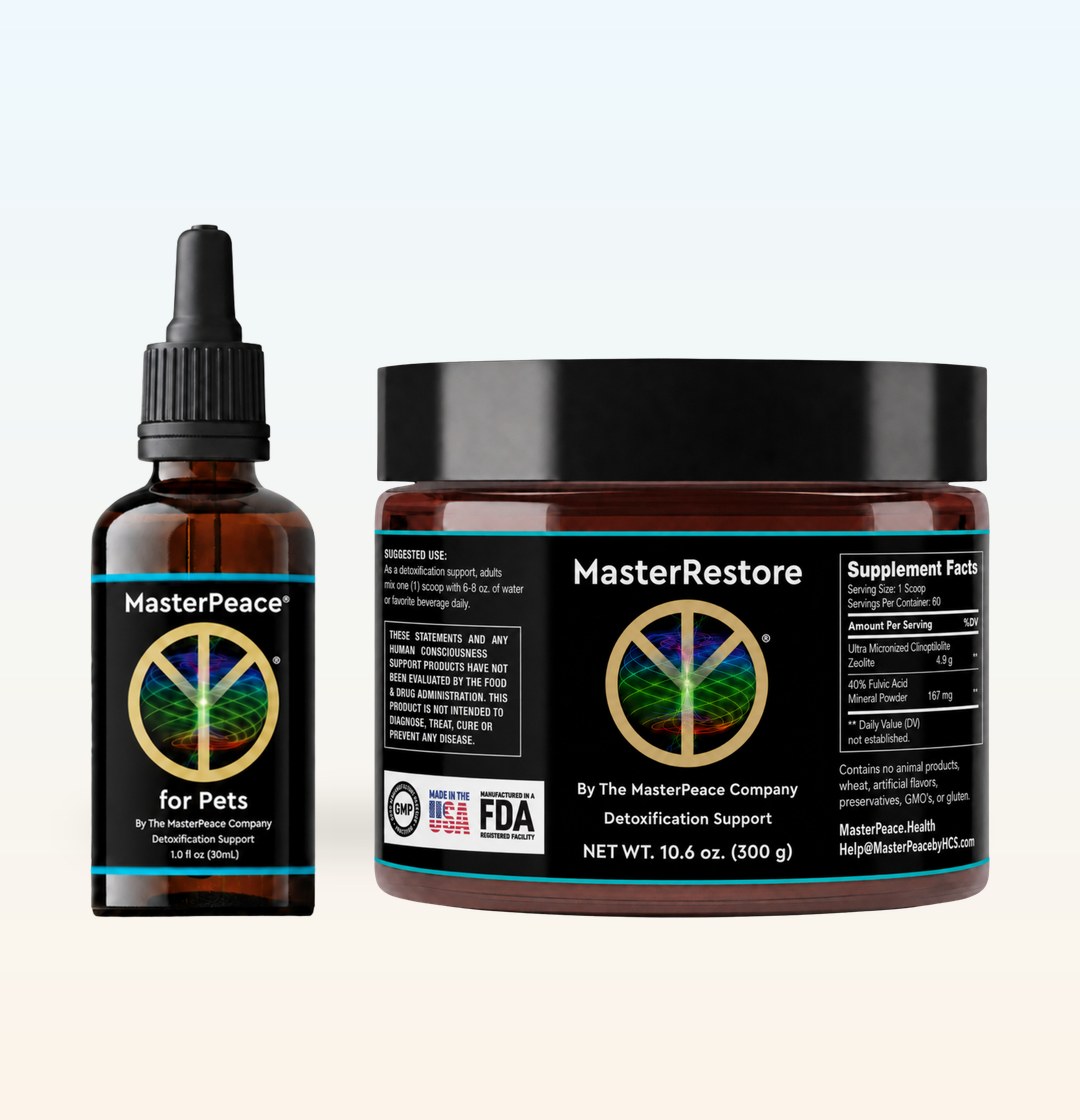One bottle of MasterPeace for Pets beside one jar of MasterRestore