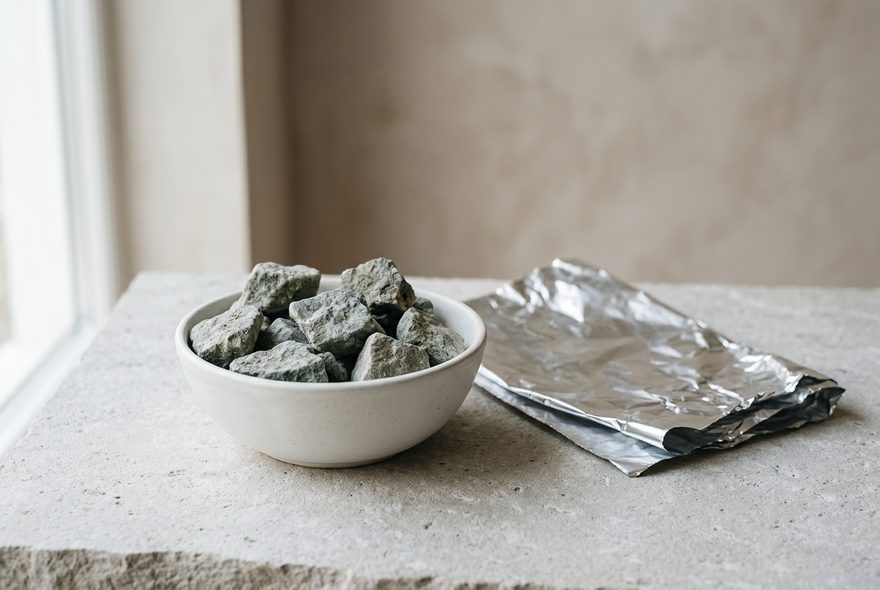 A bowl of zeolite next to aluminum foil